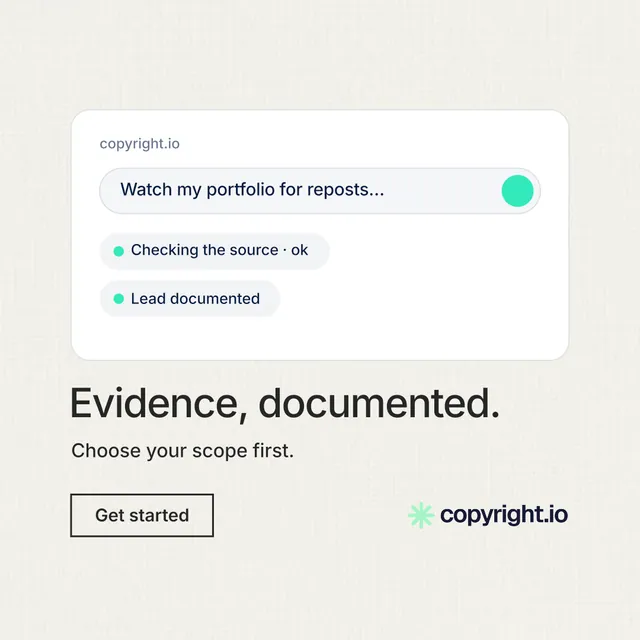 Instagram post for copyright.io: "Evidence, documented." Editorial style, bottom layout, light palette in white.