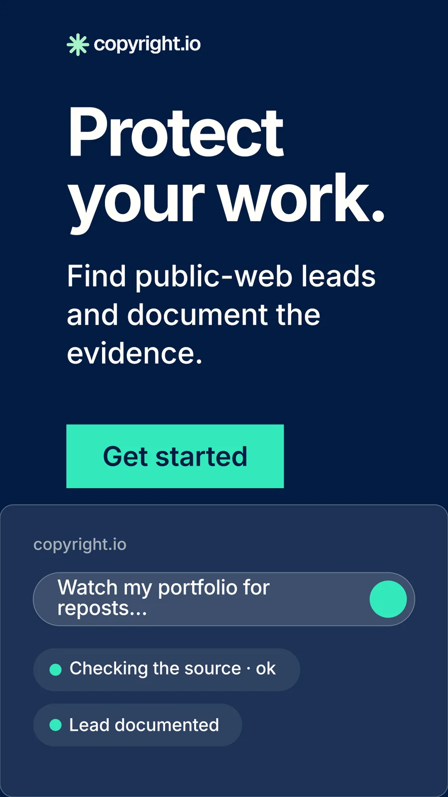 Instagram story for copyright.io: "Protect your work." Swiss style, skeleton layout, dark palette in blue.
