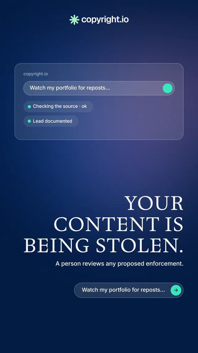 Instagram story for copyright.io: "Your content is being stolen." Agentic glass style, right layout, dark palette in blue.