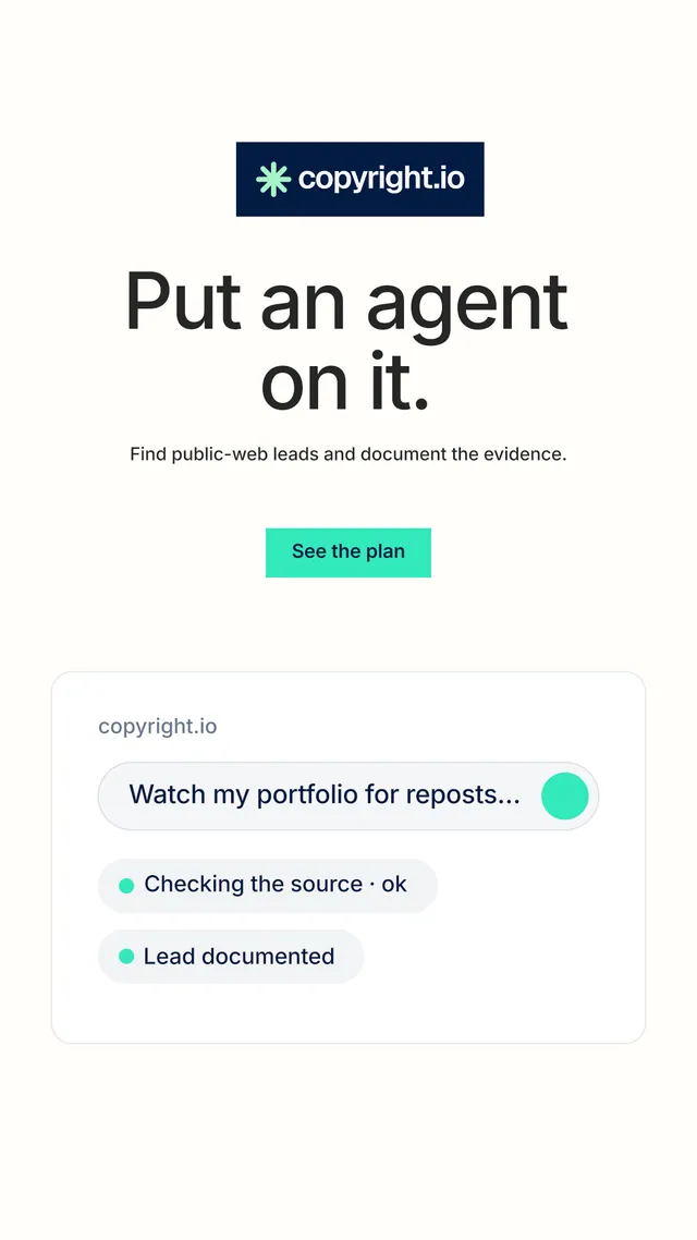 Instagram story for copyright.io: "Put an agent on it." Swiss style, centred layout, light palette in white.