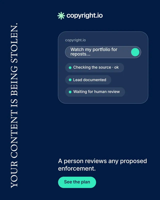Instagram portrait post for copyright.io: "Your content is being stolen." Y2K style, vertical layout, dark palette in blue.