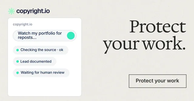 Social ad for copyright.io: "Protect your work." Editorial style, right layout, light palette in white, grey.