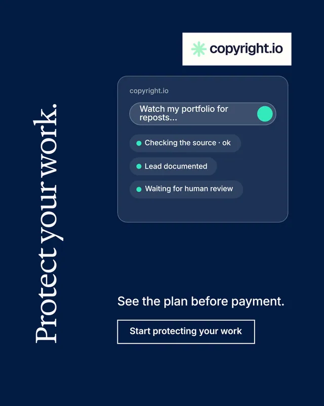 Instagram portrait post for copyright.io: "Protect your work." Editorial style, vertical layout, dark palette in blue.