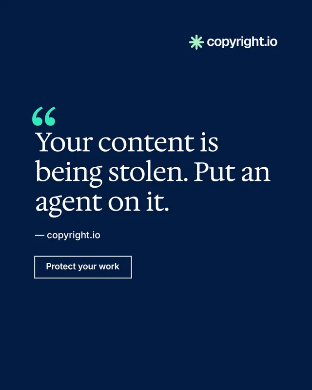 Instagram portrait post for copyright.io: "Your content is being stolen." Editorial style, quote layout, dark palette in blue.