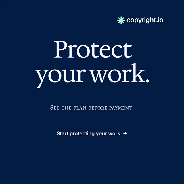 Instagram post for copyright.io: "Protect your work." Minimal luxury style, smallcaps layout, dark palette in blue.