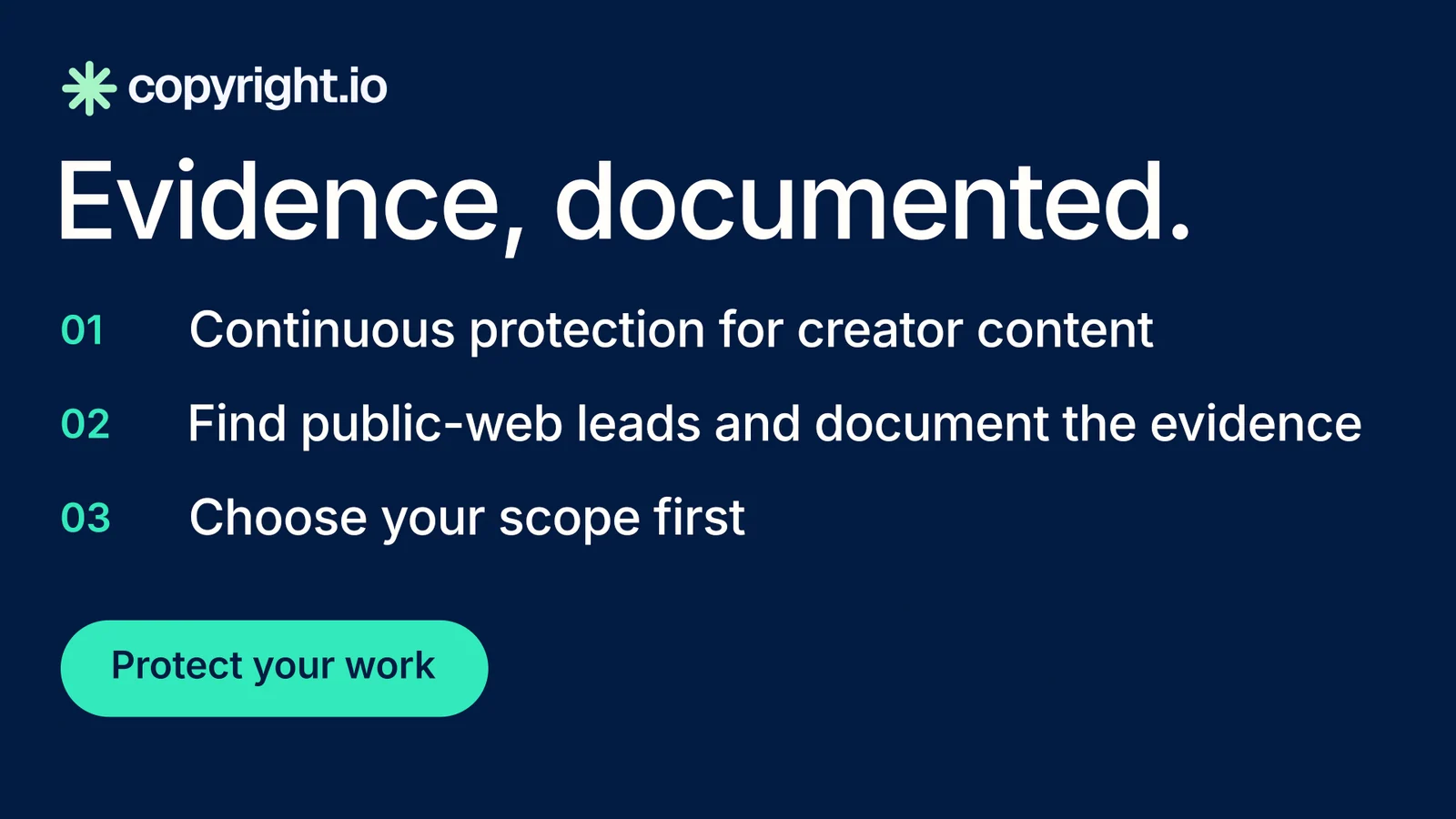 Landscape graphic for copyright.io: "Evidence, documented." Y2K style, numbered layout, dark palette in blue.