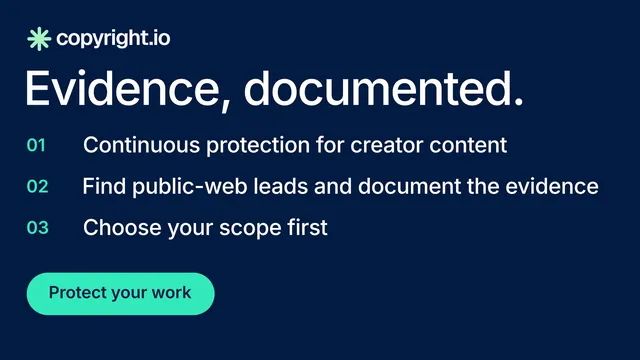 Landscape graphic for copyright.io: "Evidence, documented." Y2K style, numbered layout, dark palette in blue.