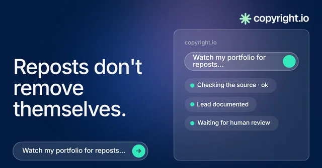 Social ad for copyright.io: "Reposts don't remove themselves." Agentic glass style, bottom layout, dark palette in blue.