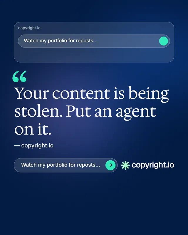 Instagram portrait post for copyright.io: "Your content is being stolen." Agentic glass style, quote layout, dark palette in blue.