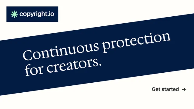 Landscape graphic for copyright.io: "Continuous protection for creators." Minimal luxury style, diagonal layout, light palette in white, blue, grey.