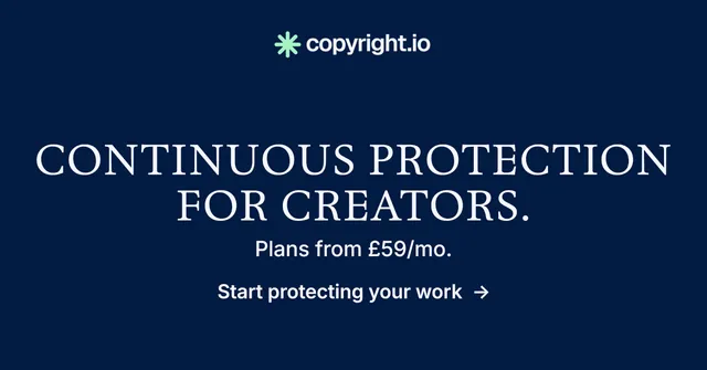 Social ad for copyright.io: "Continuous protection for creators." Minimal luxury style, skeleton layout, dark palette in blue.