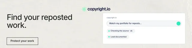 LinkedIn banner for copyright.io: "Find your reposted work." Editorial style, bottom layout, light palette in white, grey.