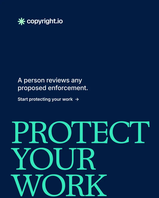 Instagram portrait post for copyright.io: "Protect your work." Minimal luxury style, oversized layout, dark palette in blue, teal.