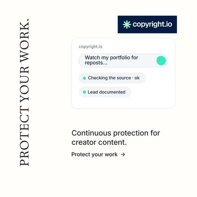Instagram post for copyright.io: "Protect your work." Minimal luxury style, vertical layout, light palette in white.
