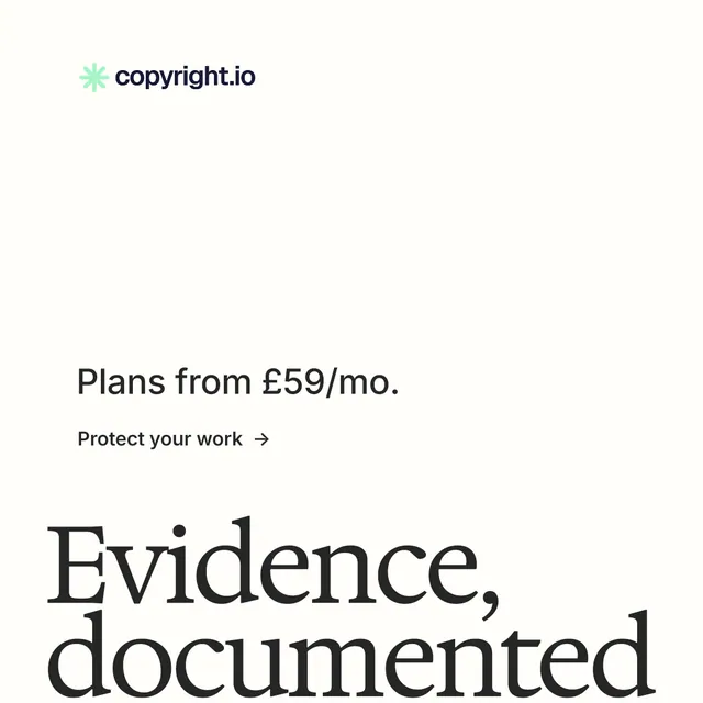Instagram post for copyright.io: "Continuous protection for creators." Minimal luxury style, oversized layout, light palette in white, grey.