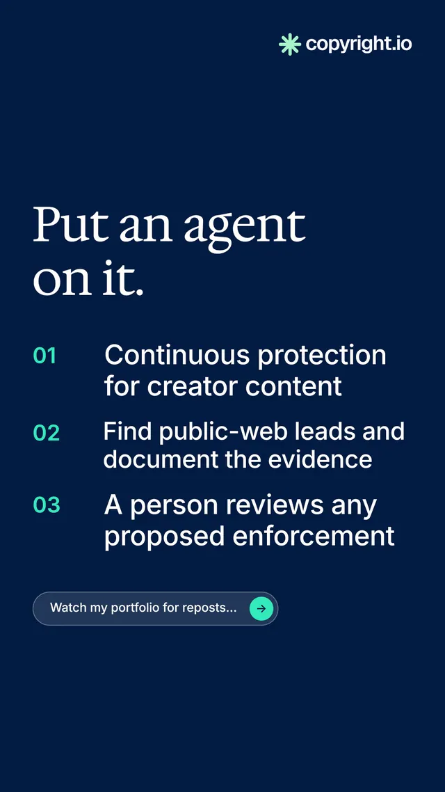 Instagram story for copyright.io: "Put an agent on it." Agentic glass style, numbered layout, dark palette in blue.