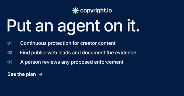 Social ad for copyright.io: "Put an agent on it." Minimal luxury style, numbered layout, dark palette in blue.
