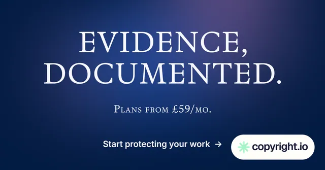 Social ad for copyright.io: "Evidence, documented." Y2K style, smallcaps layout, dark palette in blue.
