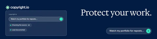 LinkedIn banner for copyright.io: "Protect your work." Agentic glass style, right layout, dark palette in blue.