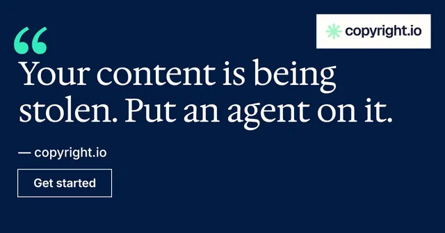 Social ad for copyright.io: "Evidence, documented." Editorial style, quote layout, dark palette in blue.