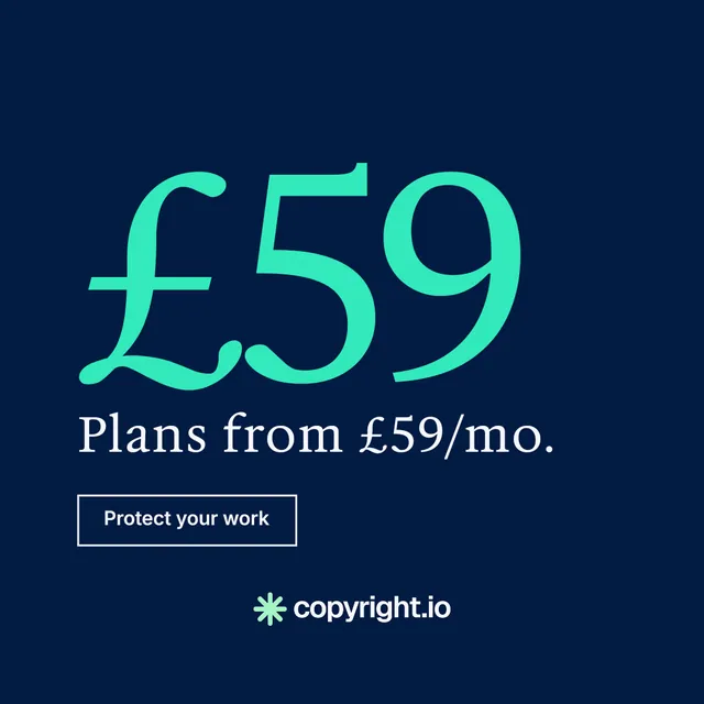 Instagram post for copyright.io: "Evidence, documented." Editorial style, stat layout, dark palette in blue, teal.