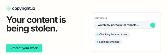 X header for copyright.io: "Your content is being stolen." Swiss style, bottom layout, light palette in white, teal.