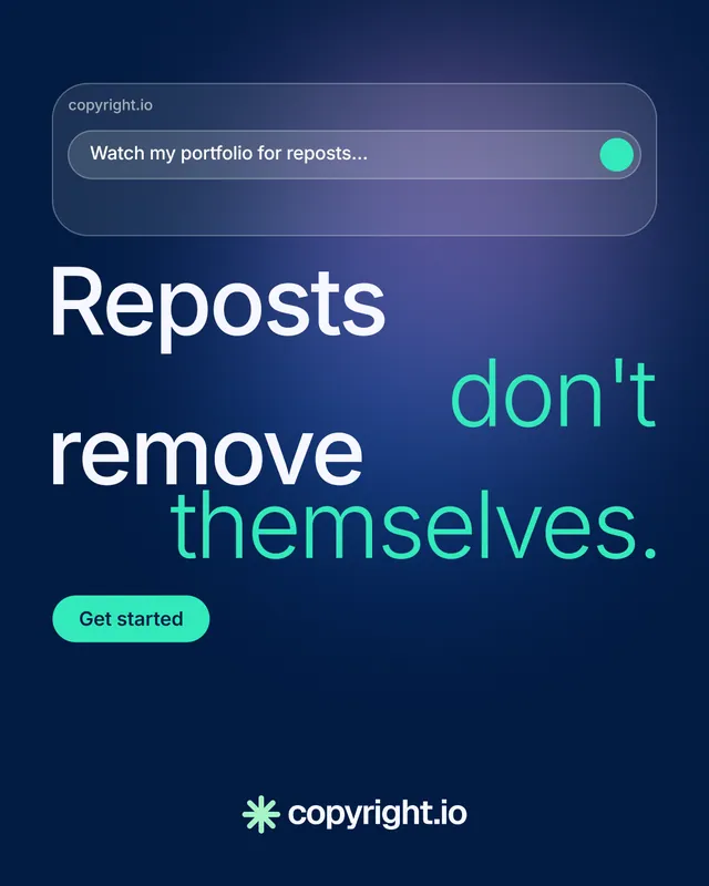 Instagram portrait post for copyright.io: "Reposts don't remove themselves." Y2K style, stacked layout, dark palette in blue.