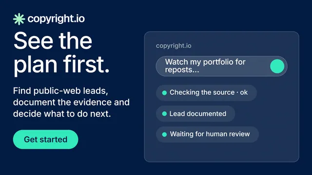 Landscape graphic for copyright.io: "See the plan first." Agentic glass style, skeleton layout, dark palette in blue.