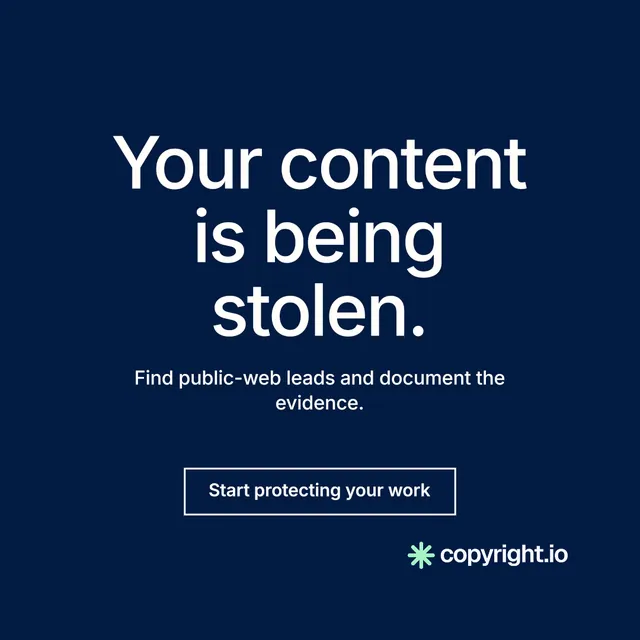 Instagram post for copyright.io: "Your content is being stolen." Editorial style, centred layout, dark palette in blue.