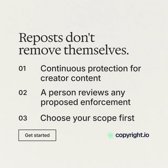 Instagram post for copyright.io: "Reposts don't remove themselves." Editorial style, numbered layout, light palette in white, grey.