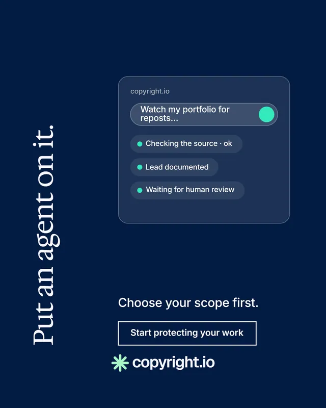Instagram portrait post for copyright.io: "Put an agent on it." Editorial style, vertical layout, dark palette in blue.
