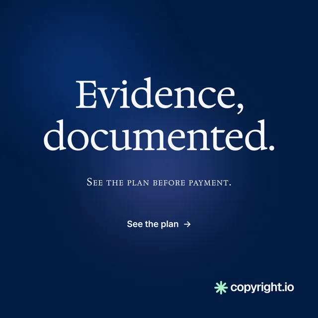 Instagram post for copyright.io: "Evidence, documented." Y2K style, smallcaps layout, dark palette in blue.