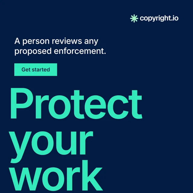 Instagram post for copyright.io: "Your content is being stolen." Split block style, oversized layout, dark palette in blue, teal.