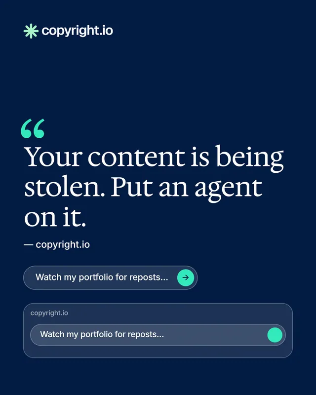 Instagram portrait post for copyright.io: "Your content is being stolen." Agentic glass style, quote layout, dark palette in blue.