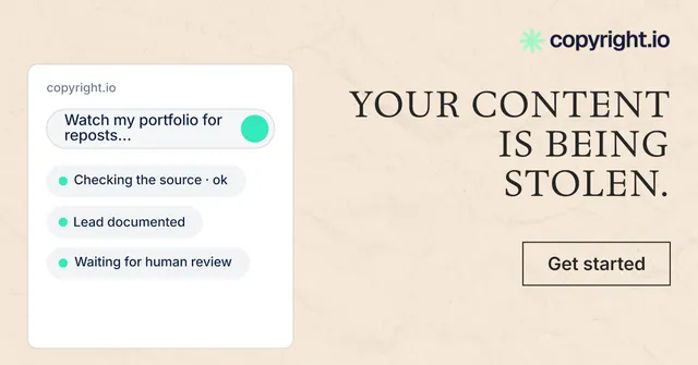 Social ad for copyright.io: "Your content is being stolen." Editorial style, right layout, light palette in orange, white, grey.