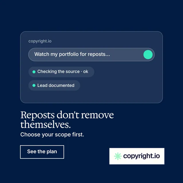 Instagram post for copyright.io: "Reposts don't remove themselves." Editorial style, bottom layout, dark palette in blue.
