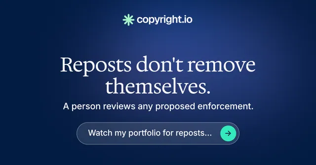 Social ad for copyright.io: "Reposts don't remove themselves." Agentic glass style, skeleton layout, dark palette in blue.