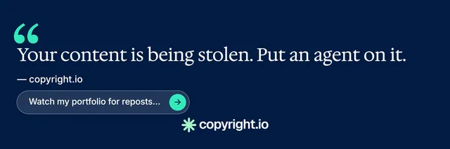 X header for copyright.io: "Protect your work." Agentic glass style, quote layout, dark palette in blue.