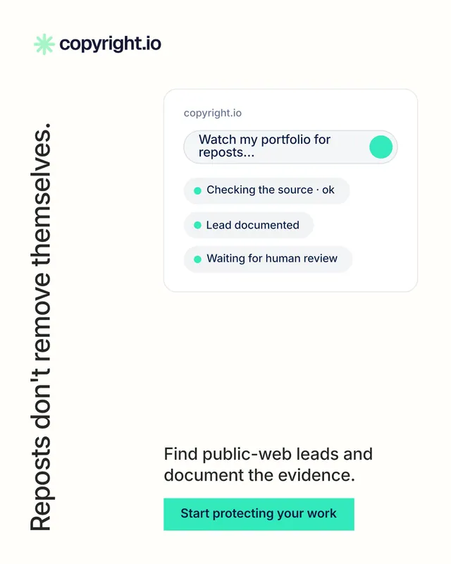 Instagram portrait post for copyright.io: "Reposts don't remove themselves." Swiss style, vertical layout, light palette in white, teal.