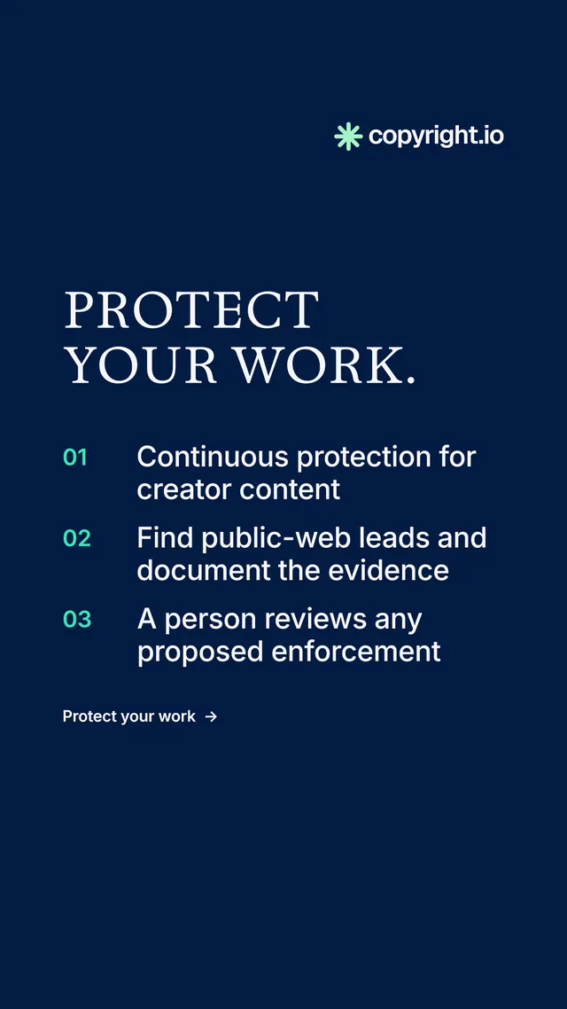 Instagram story for copyright.io: "Protect your work." Minimal luxury style, numbered layout, dark palette in blue.
