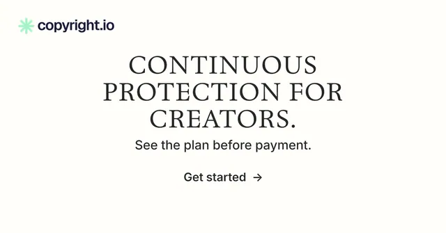 Social ad for copyright.io: "Continuous protection for creators." Minimal luxury style, centred layout, light palette in white.