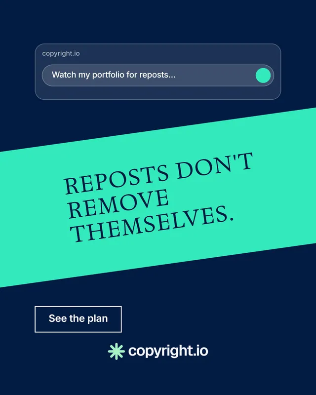 Instagram portrait post for copyright.io: "Reposts don't remove themselves." Editorial style, diagonal layout, dark palette in blue, teal.