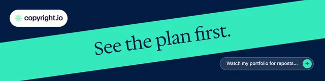 LinkedIn banner for copyright.io: "See the plan first." Agentic glass style, diagonal layout, light palette in teal, blue.