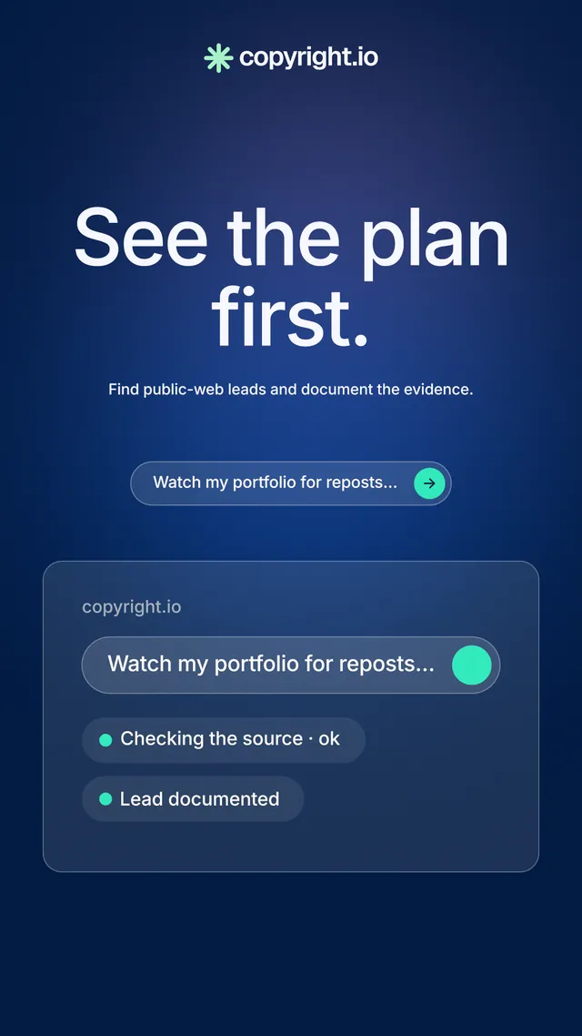 Instagram story for copyright.io: "See the plan first." Agentic glass style, centred layout, dark palette in blue.