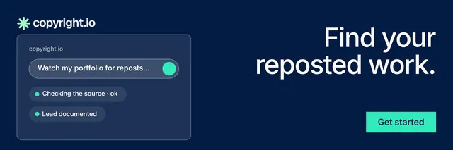X header for copyright.io: "Find your reposted work." Swiss style, right layout, dark palette in blue.