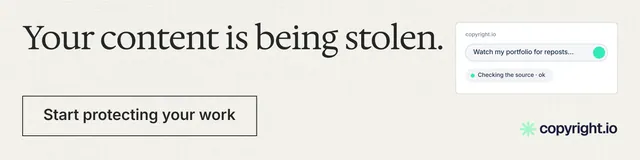 LinkedIn banner for copyright.io: "Your content is being stolen." Editorial style, skeleton layout, light palette in white.