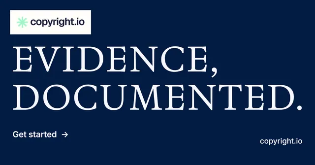 Social ad for copyright.io: "Evidence, documented." Minimal luxury style, poster layout, dark palette in blue, grey.