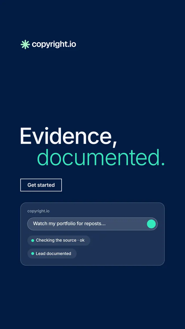 Instagram story for copyright.io: "Evidence, documented." Editorial style, stacked layout, dark palette in blue.