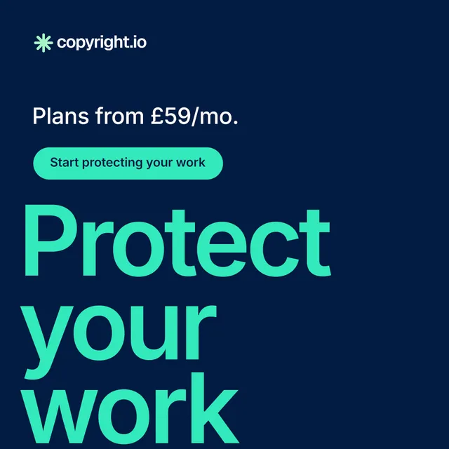 Instagram post for copyright.io: "Continuous protection for creators." Y2K style, oversized layout, dark palette in blue, teal.