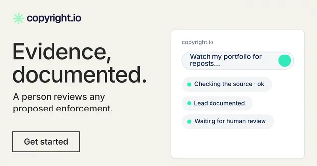 Social ad for copyright.io: "Evidence, documented." Editorial style, bottom layout, light palette in white, grey.